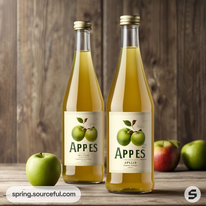 Two apple juice bottles with a green apple on a wooden table.