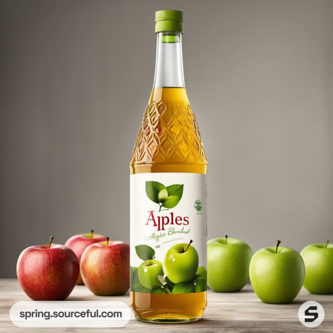 Textured bottle of apple cider with apples on a rustic background.