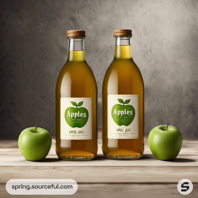 Two apple juice bottles with green apples on a neutral background.