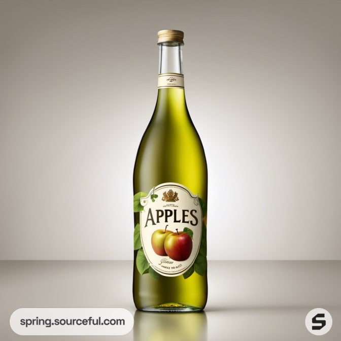 Lone apple juice bottle with a decorative label on a light background.