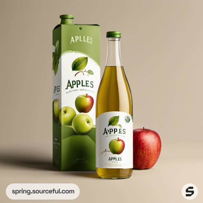 Apple juice carton and glass bottle with an apple on a soft brown background.