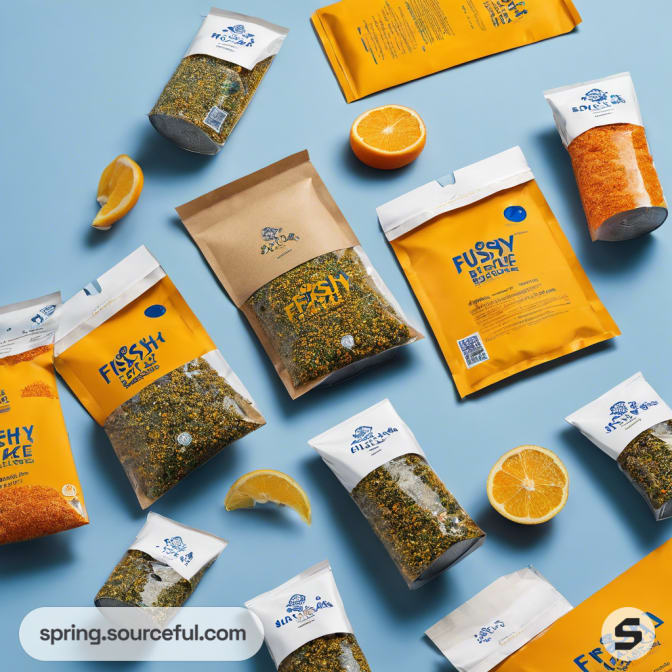 Assorted colorful fish food packaging on a blue background with orange slices.