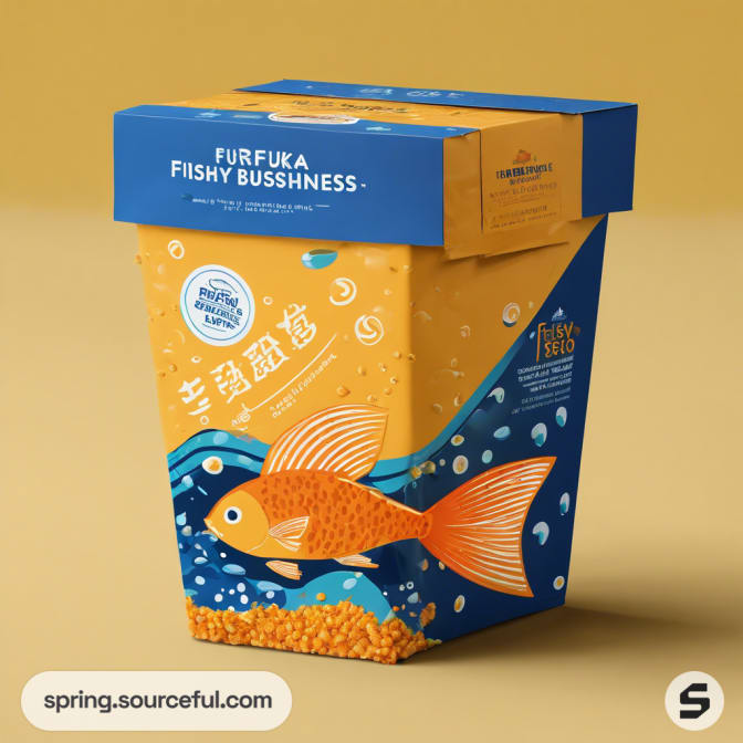 Orange and blue fish food box featuring fish and sea illustrations.
