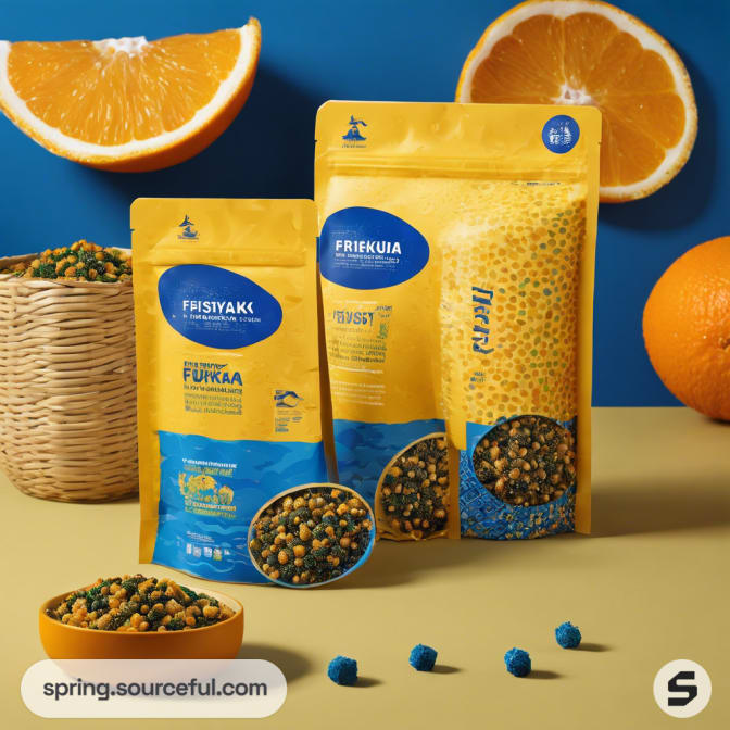 Three yellow and orange resealable pouches with fish food on a blue background.