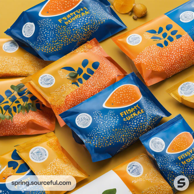 Blue and orange fish food packets with leaf designs on a yellow background.