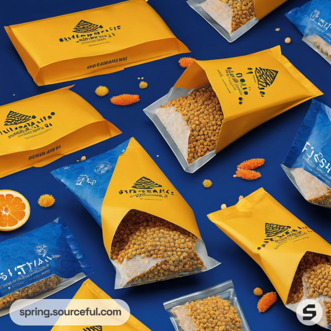 Yellow and blue packets of fish food with oranges on a blue background.