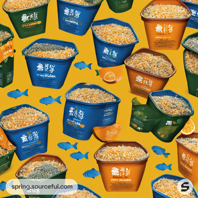 Colorful fish food containers with orange slices on a yellow background.