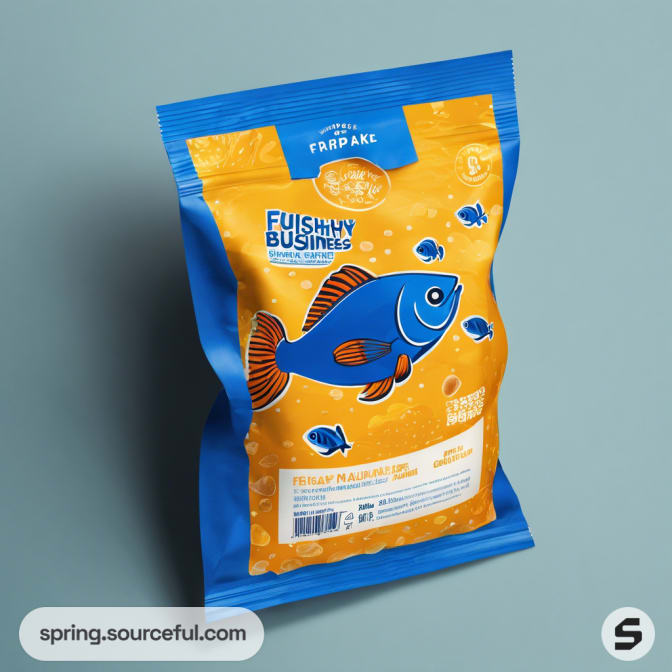 Blue resealable pouch with fish illustration on a light blue background.