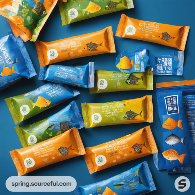 Assorted colorful fish food bars with fish designs on a blue background.