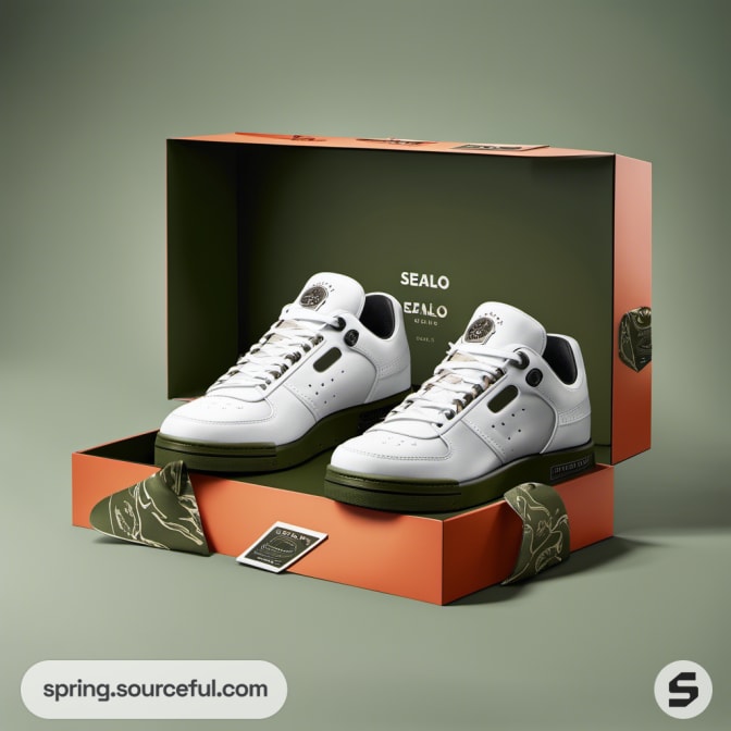 White sneakers in orange and green box