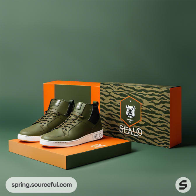 Green sneakers in orange and patterned box