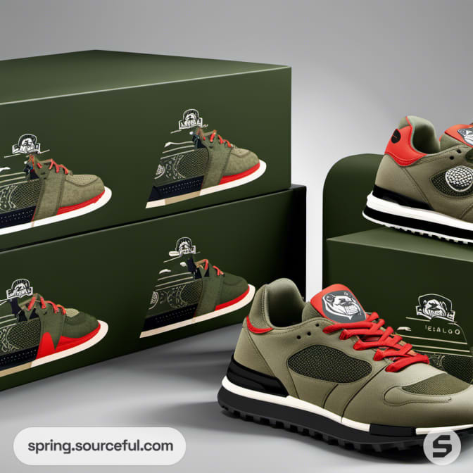 Green and red sneakers in dark green boxes