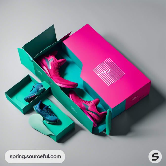 Pink and teal shoe box with sneakers inside, open packaging.