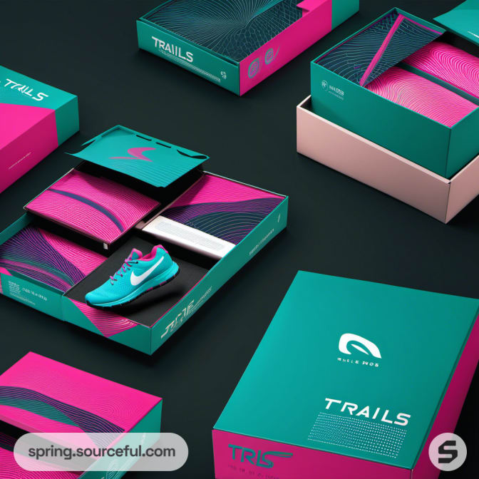 Teal and pink sneaker boxes and shoes arranged on dark surface.