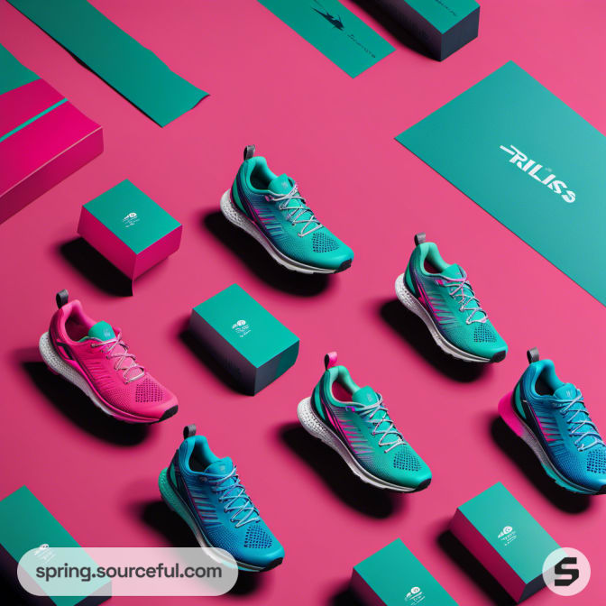 Multiple teal and pink sneakers and boxes on a pink background.