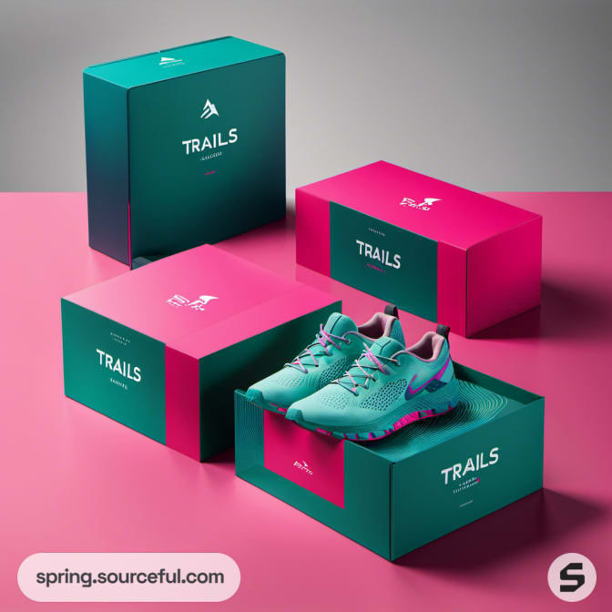 Teal sneakers with pink accents in matching colored boxes.