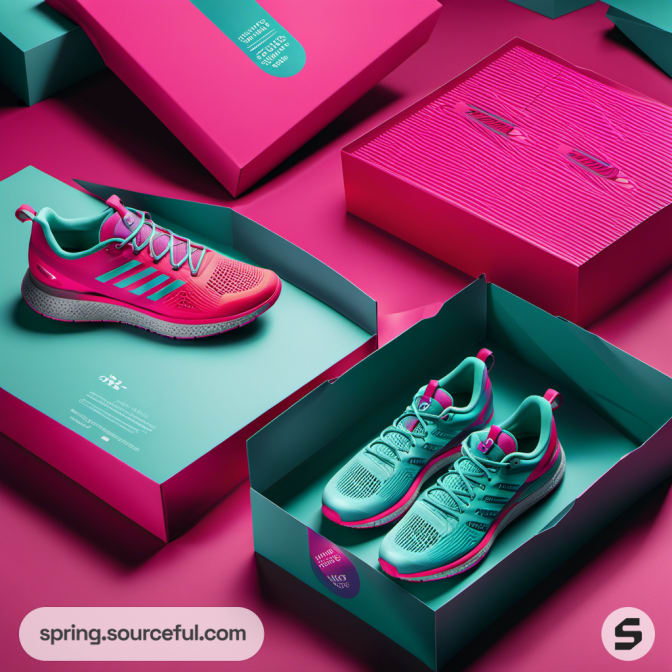 Teal and pink sneakers in coordinated box on pink surface.