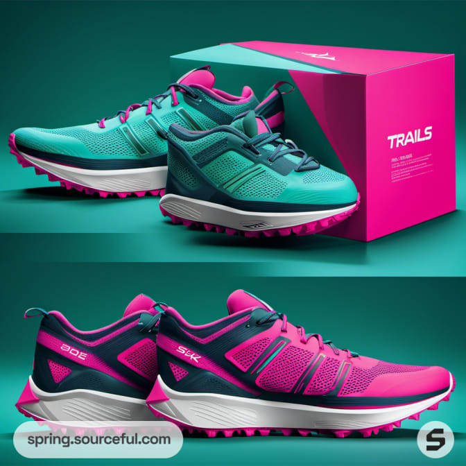 Teal and pink sneakers with matching box on green background.