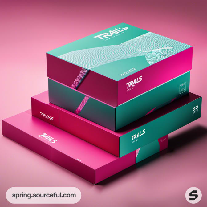 Stack of pink and teal shoe boxes with design patterns.