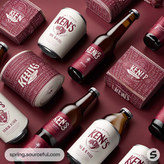 Assorted beer packaging with maroon and cream labels on cans, bottles, and boxes.