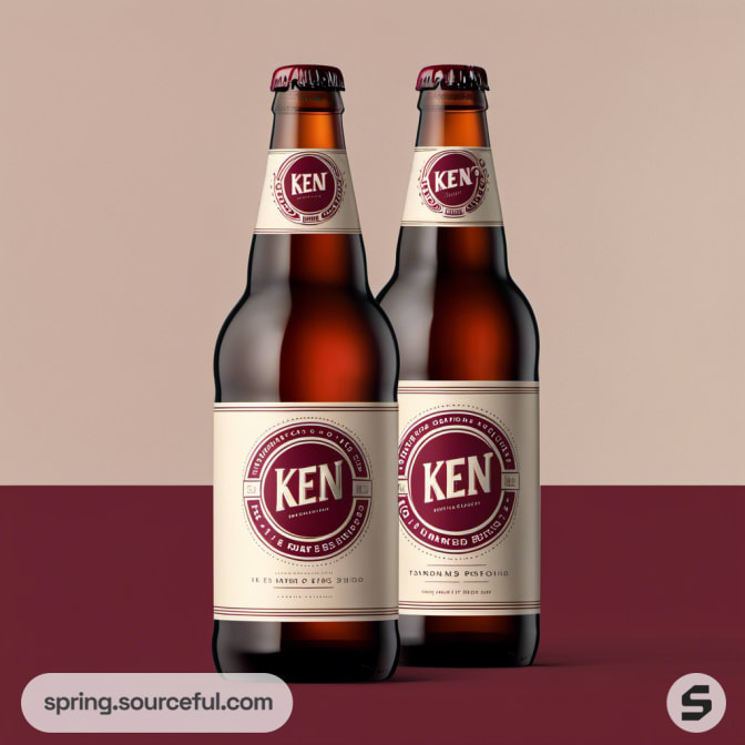 Two beer bottles with maroon and cream labels on a two-tone background.