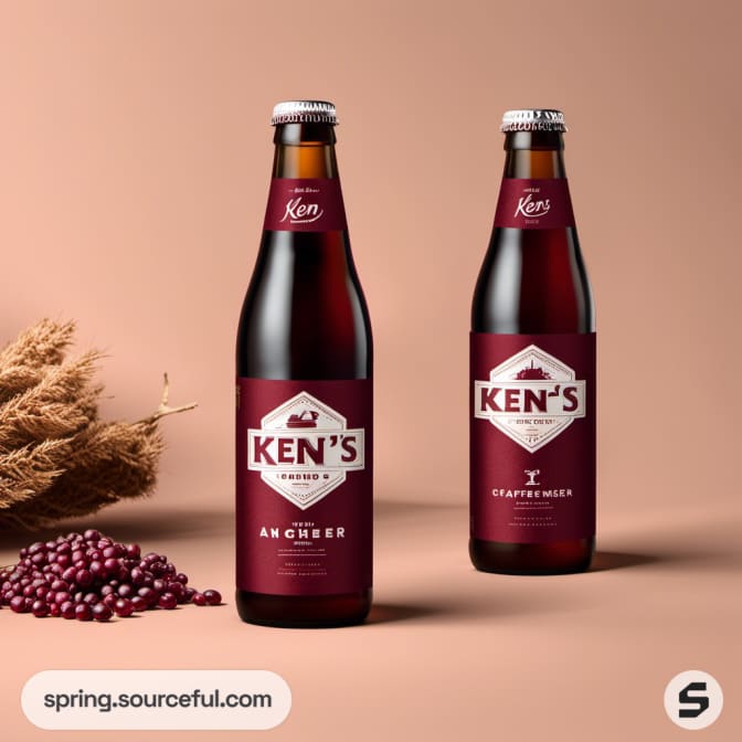 Two beer bottles with maroon labels, decorative elements, and grapes nearby.