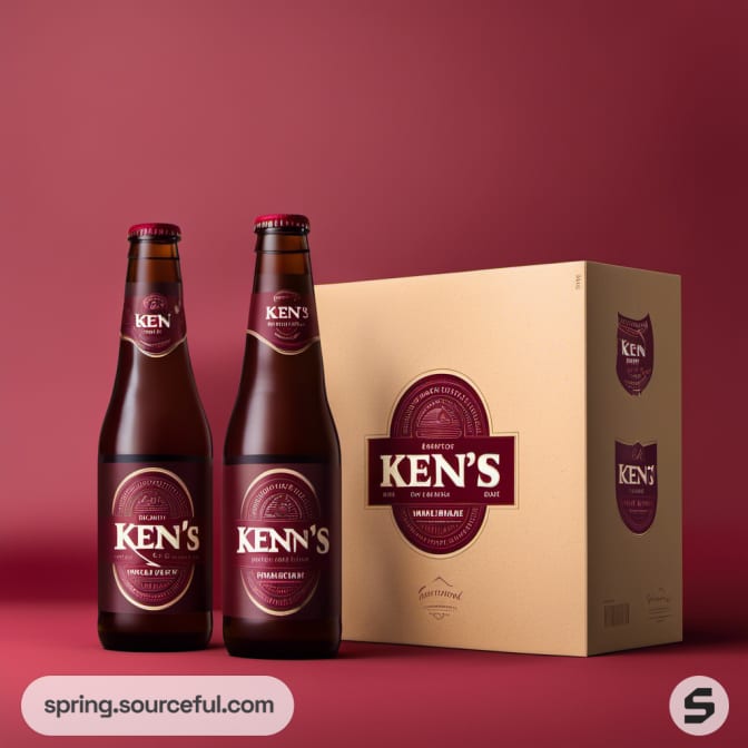 Two beer bottles with maroon labels next to a matching box on a maroon background.