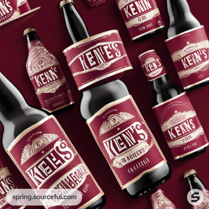Beer bottles and cans with maroon decorative labels on a maroon backdrop.