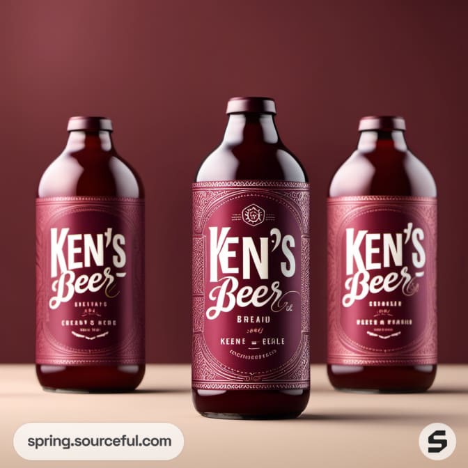 Three beer bottles with maroon labels, highlighting detailed text and graphics.