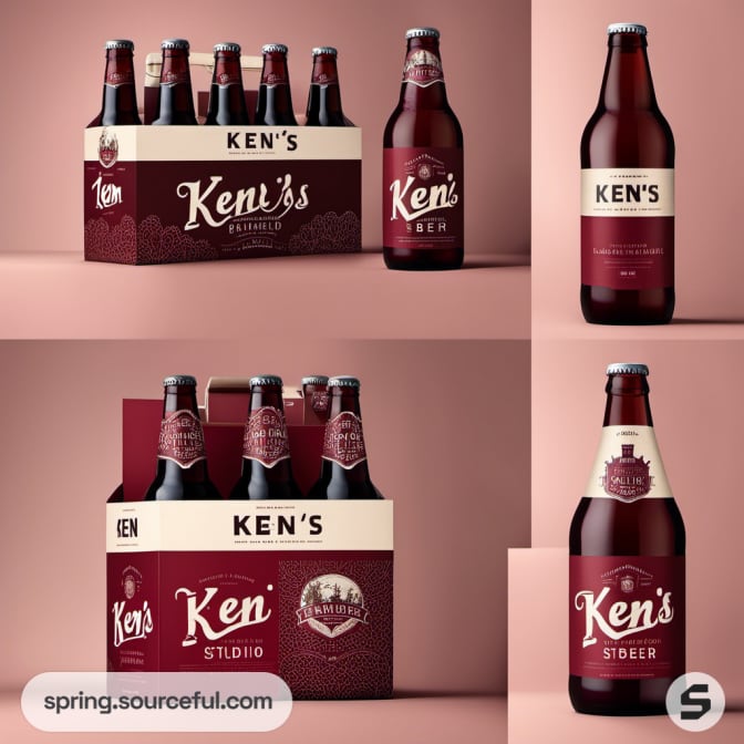 Beer bottles in a six-pack with maroon labels and matching packaging.