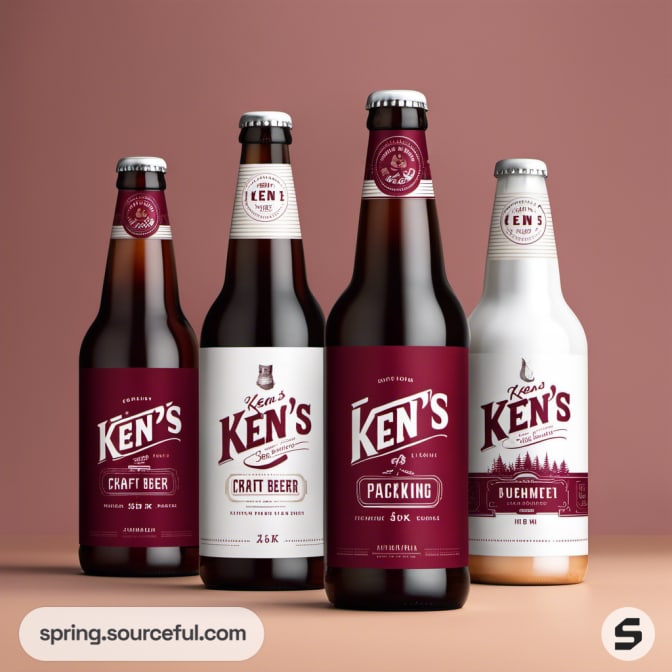 Four beer bottles with maroon and cream labels on a light brown background.