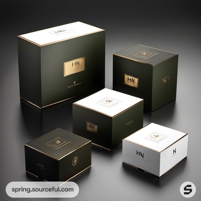 Set of elegant green and gold boxes with minimal design