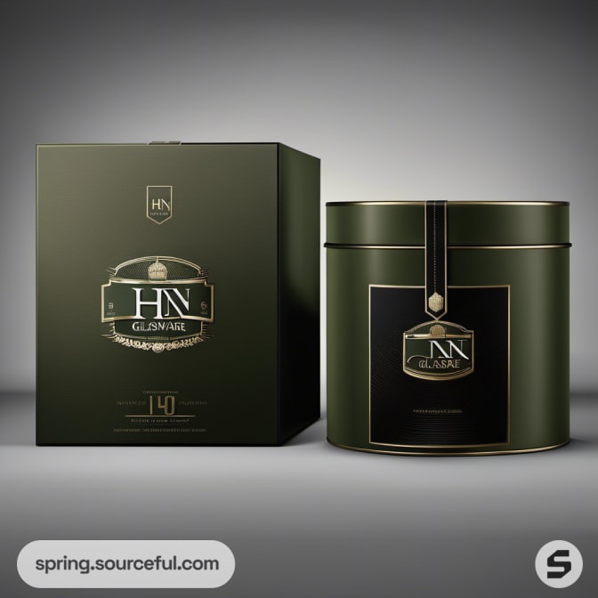 Green and gold large box and cylindrical container with elegant label