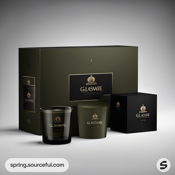 Dark green and black boxes with glassware inside displayed