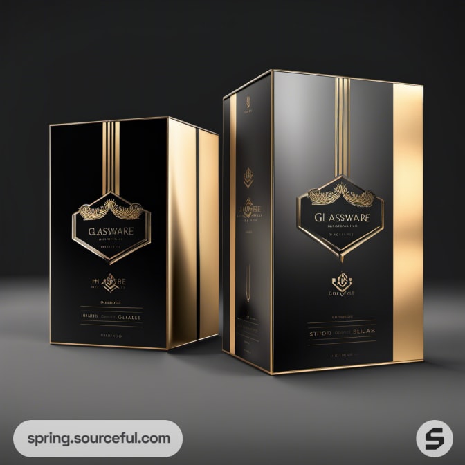 Tall black and gold luxury boxes with intricate label design