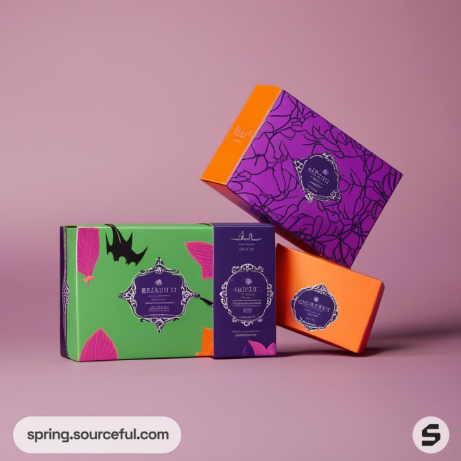Colorful boxes with Halloween-themed designs, featuring bats and pumpkins.
