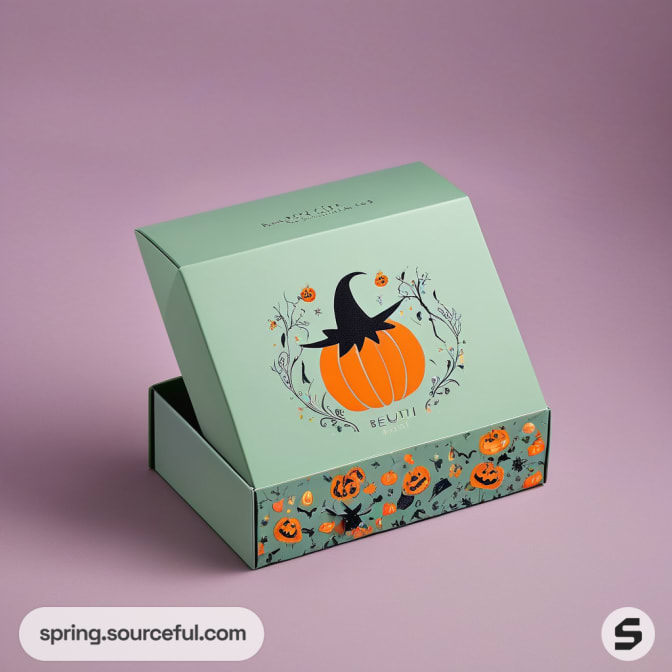Mint green box with Halloween pumpkin and witch design.