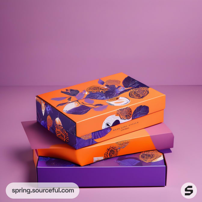 Orange and purple floral boxes stacked on a purple surface.