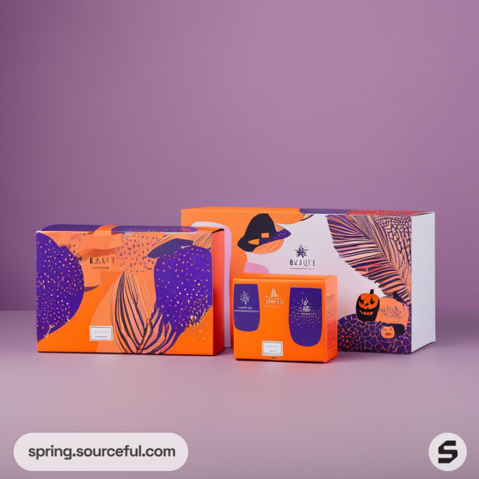 Set of orange and purple boxes with Halloween designs, pumpkins, and witch hats.