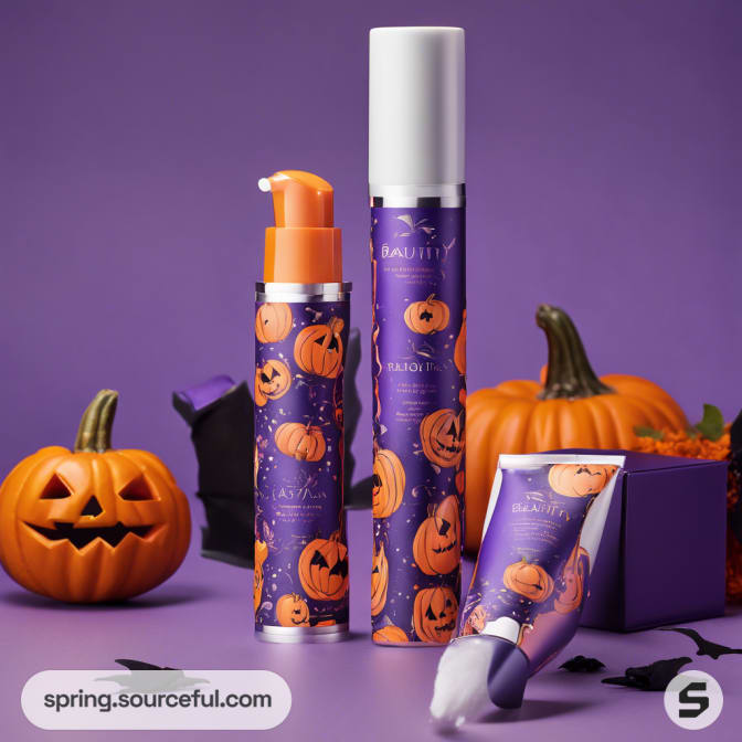 Halloween-themed skincare products with pumpkins and purple packaging.
