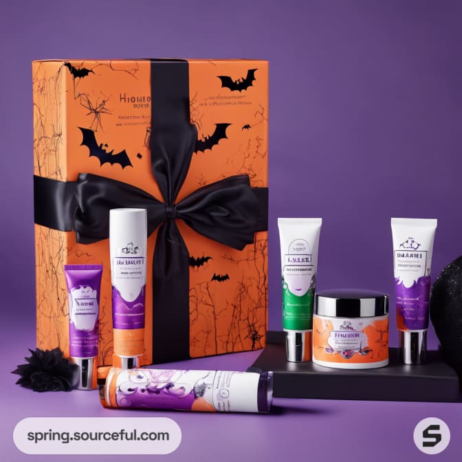 Halloween gift set with bats, black ribbon, and skincare products.