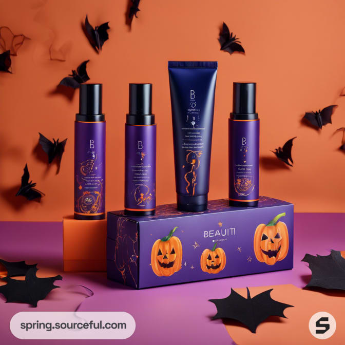 Four Halloween-themed skincare bottles with pumpkins on purple box.