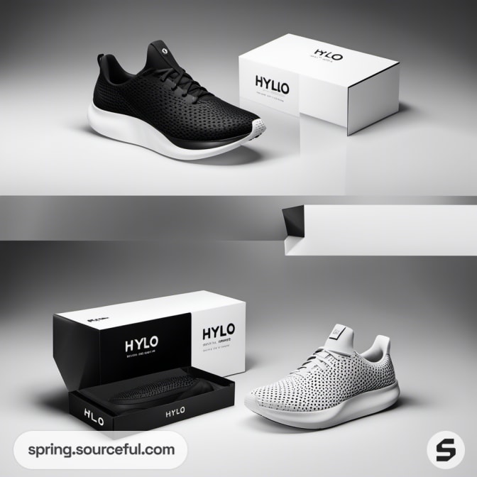 Black and white branded sneakers with sleek, modern design next to matching minimalist shoe boxes on gray background.