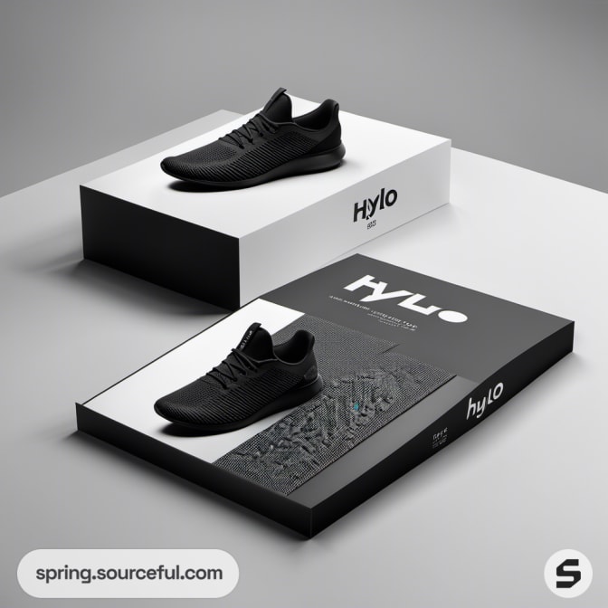 Black sneakers on a black and white shoe box with textured surface design.