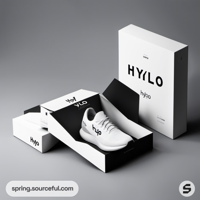 White sneakers partially out of a sleek black and white shoebox with minimalist design.