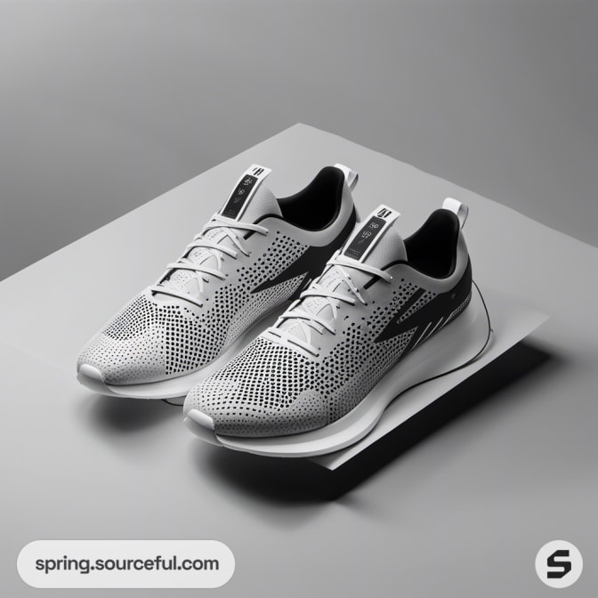 Gray and white athletic sneakers with a mesh design, black accents, and white soles on a light gray surface.