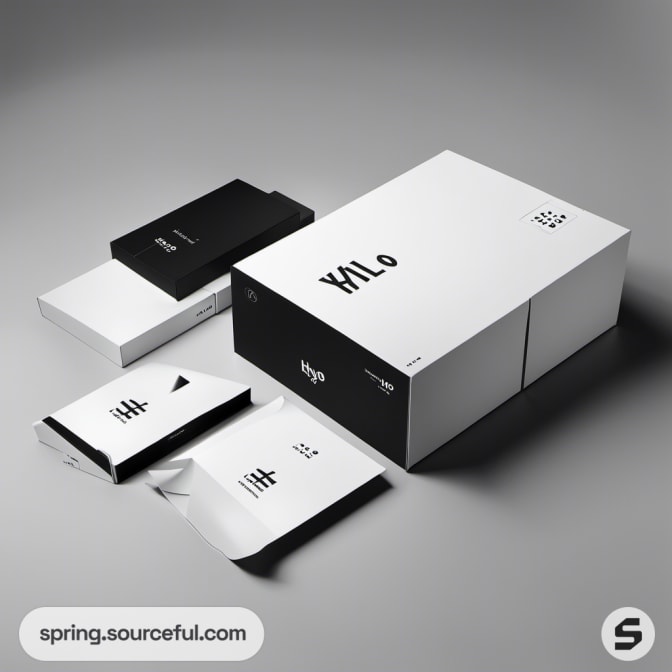 Minimalist black and white packaging featuring boxes and envelopes on a gray background.