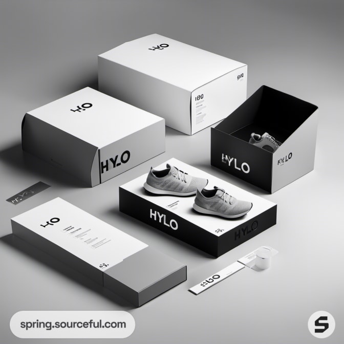 Gray and white shoe boxes with lid, one open displaying a pair of gray sneakers, alongside a label and tape.