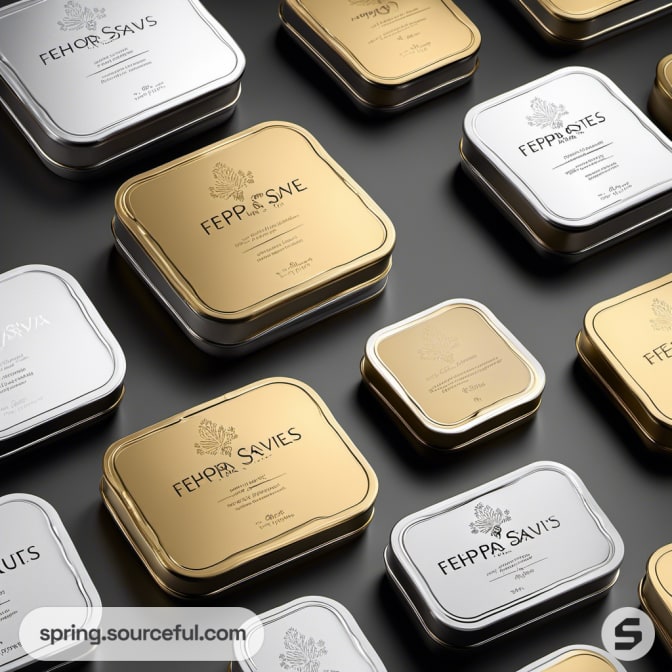 Square and rectangular tins with white and gold designs on a dark background.
