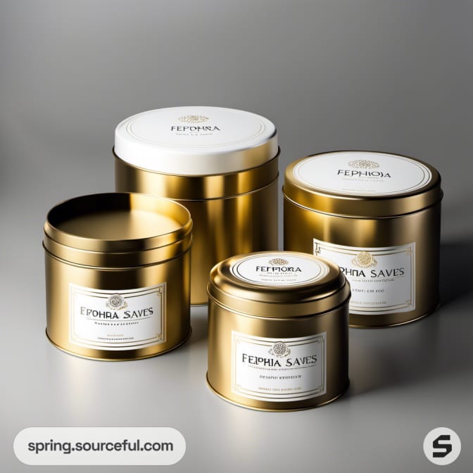 Various gold and white cylindrical tins with floral and text designs.